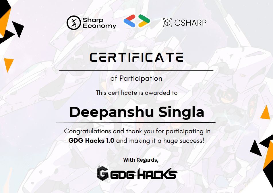GDG Hacks hackathon certificate